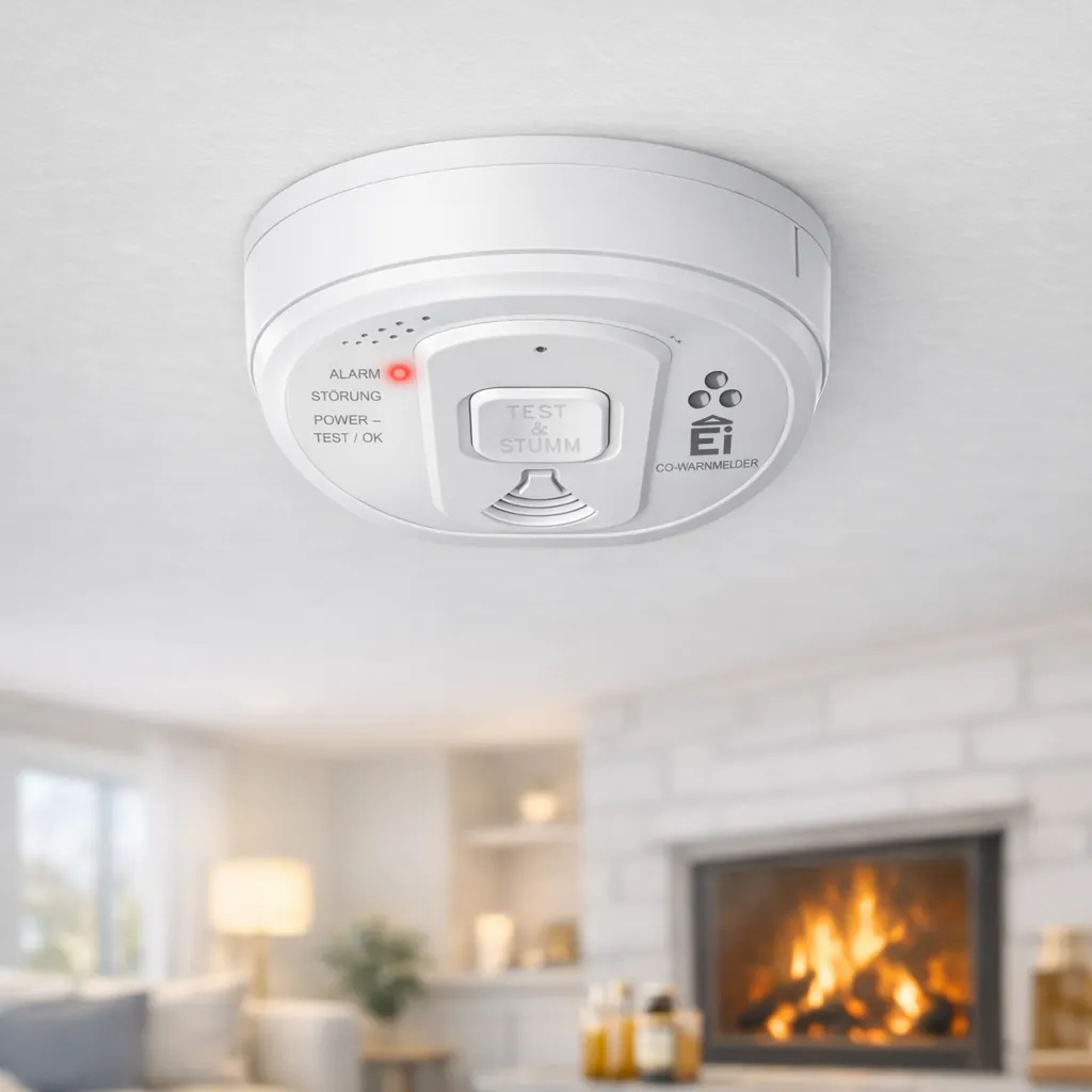 Kohlenmonoxidwarnmelder vor einem Kaminfeuer